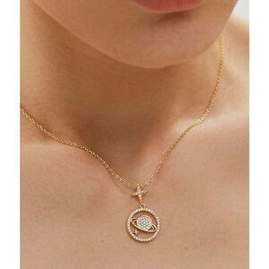 Gold dainty rhinestone Saturn planet pendant necklace